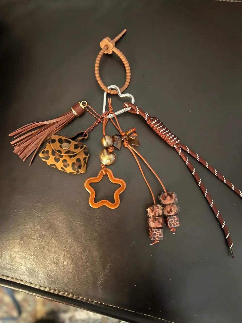 Brown Leather & Leopard Accent Keychain Bag  Charm